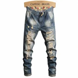 denim Jeans Men's Elastic Regular Fit Straight Ruined Hole New Pants Male High Street Pants Large Size 7026#