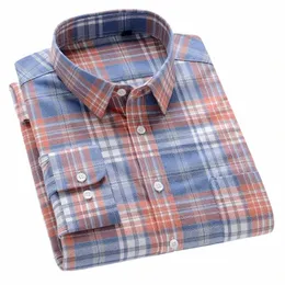 men's 100% Cott Brushed Lg Sleeve Check Shirts Wed Single Pocket Soft Comfortable Casual Fi Slim Fit Butt Shirts D7oC#