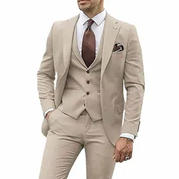 dv067 3 Stück Beige Anzüge für Männer Slim Fit Bräutigam Smoking Hochzeitsanzüge Trauzeuge Groomsmen Formelle Partyanzug Männliche Blazer Hombre 21uT #