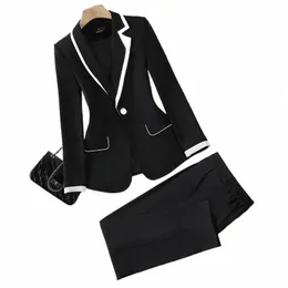 Conjuntos de terno formal feminino preto retalhos jaqueta e calças casual pantsuit escritório balzer 2 peça roupas femininas ropa de mujer b5UG #