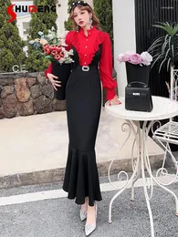 Casual Dresses Fashion Women's Spring Elegant Dress Slim Fit Mante High-End Exquisite Spets Collar Color Matching Fishtail