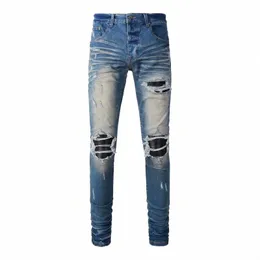 High Street Fi Мужские джинсы Ретро Wed Blue Stretch Skinny Fit Рваные джинсы Мужские кожаные заплатки Дизайнерские хип-хоп Брендовые брюки e7Sc #