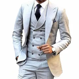 kostium Homme Sliver Grey Men garnitury podwójnie piersi kamizelka slim fit smoking garnitury ślubne dla mężczyzn Blazer+kamizelka+spodnie ropa hombre f3ua#