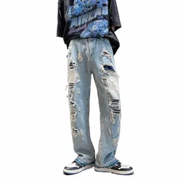 Hop Hip Hop Streetwear Zniszczony dżinsowe jeansy motocyklowe Dżinsy High Street Zniszczone podarte dżinsy Homme Hole luźne szerokie nogi spodnie v8wa#