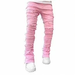 pink Fi Stretchy Patch Jeans Men Tassels Destroyed Ripped Broken Denim Pants High Street Y2K Patchwork Pants Male Trousers l8fF#