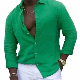 Fi Сплошной цвет Мужская рубашка Cott Line Свободные отложные воротники с рукавами Lg Рубашки в пляжном стиле Одежда Мужской кардиган K42b #