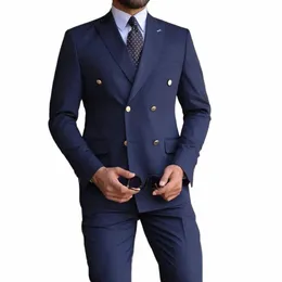 Ny design av mändräkter Navy Blue Double Breasted Peak Lapel Luxury Outfits Chic 2 Piece Jacket Pants Set Office Costume Homme A0TQ#