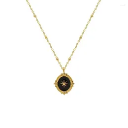 Цепи Черная глазурованная восьмиконечная звезда Овальный кулон с сохранением цвета Титановая сталь с покрытием из 18-каратного золота Винтажный узор Ins Ожерелье