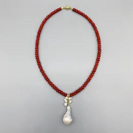 Pendants FoLisaUnique Red Coral Stone White Freshwater Baroque Pearl Pendant Necklace For Women Trendy
