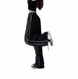 Y2K Kvinnor Vintage Baggy Cargo Pants for Women Drawstring Elastic Low Midist Parachute Pants Sweatpants Lose Hippie Pant Trousers Z89B#