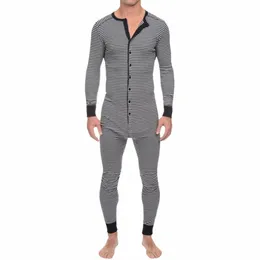 men Underwear Pajama Skinny Striped Jumpsuit Lg Sleeve O Neck Butts Romper Sleepwear Overall Wholesale Onesies- Pajama Set L3ea#