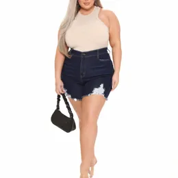 plus Size Sexy Super Stretchy Ripped Skinny Dark blue Jeans Shorts 4XL Destroyed Tassel Short Pants Denim Bermudas Torn Jeggings W9AF#