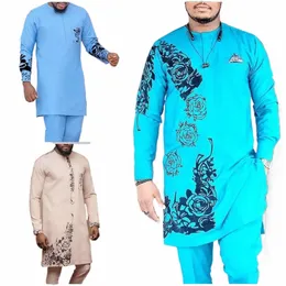 Roupas masculinas africanas calças de luxo conjuntos para dr ternos elegantes completos roupas para homens o-pescoço novo 2pc marca traje abaya diki k8nV #