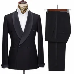 Chic Solid Men Suits 2 Piece Fi Shawl Lapel Double Breasted Blazer With Pants Formal Party Prom Wedding Tuxedo Slim Fit 90GZ#