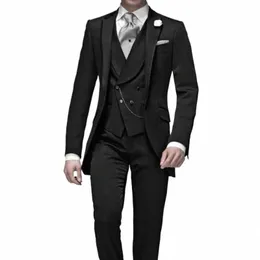Smoking de casamento formal preto para o noivo Slim Fit 3 peças ternos masculinos com colete duplo breasted terno masculino jaqueta + colete + calças R90E #