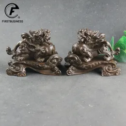 彫刻アンティークブロンズ中国の神話の獣像ビッグオーナメントヴィンテージ銅1ペアラッキーピクシュフィギュアデスク装飾ティーペット