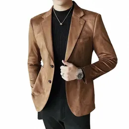 fi Slim Men Blazer High-end Deerskin Veet Thick Solid Color Suit Jacket Gray Dark Green Brown Top Autumn and Winter Coat c9pQ#