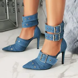 Dress Shoes ORCHA LISA Fashionable Belt Buckle Rivet Thin High Heels Sandals Pointed Toe Sexy Nightclub Stage Women's Plus Size 47 48