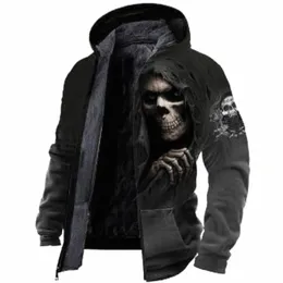 fi Skull Stampa in pile con cerniera con cappuccio Felpa con cappuccio Streetwear Abbigliamento caldo Chaquetas Hombre Parka Inverno Uomo Casual Giubbotti o3my #