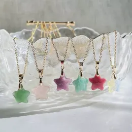 Natural Stone Pendant Star Shape Elegant Five Pointed Rose Quartz Amazonite Tiger Eye Lapsi Pink Crystal Halsband för kvinnors smyckespresent