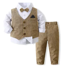 Весенне-осенний костюм джентльмена для маленьких мальчиков, рубашка с галстуком-бабочкой, полосатый жилет, брюки, комплект официальной детской одежды из 3 предметов 240318