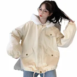 Kısa Stil Parkas Kadın Kapşonlu Kargo Gevşek Kalın Kış Kış Sıcak Yumuşak Kawaii Retro Preppy Style Gençler Fi Veet W1fq#