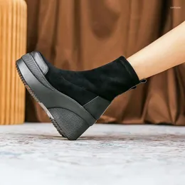 Sapatos casuais outono/inverno feminino botas curtas fahion feminino elástico muffin plataforma camurça de pelúcia tornozelo à prova dwaterproof água senhoras