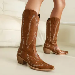 أحذية Ippeum نساء عجل عجل Western Western Red Mid Low Heel Shoes Brown Vintage Pintage Bowgirled Cowgirl