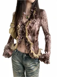 CHEERTART WILD LEOPARD PRINT FUR FUR RUFHGAN CARDIGAN LG SLEEVE TIE FRT Y2K FI TOPS Woman 2024 Designer Comples W2BJ#