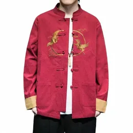 Primavera outono 2024 estilo chinês cott linho guindaste bordado camisa tang terno grande retro na moda casaco d3z7 #