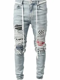 2023 Men Clothing Street Fi Jeans Stremny Slim Fit Fit Stressed Jeans Man Hole Patchwork Discalging Denim Pentic Pants G2XP#