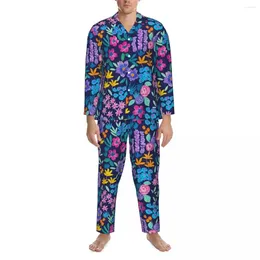 家庭用衣類明るい花睡眠春鮮やかな花柄のピルントビンテージ特大のパジャマセットメンズ長袖素敵なベッドルームナイトウェア