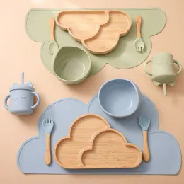 Album 6 pezzi Nuvole di legno Piatto da pranzo Set di alimentazione per bambini in silicone Forniture per alimentazione per bambini Stoviglie di bambù per bambini Set regalo da tavola per bambini