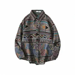 Vintage harajuku geometriska mönster skjorta män natial stil lg hyls