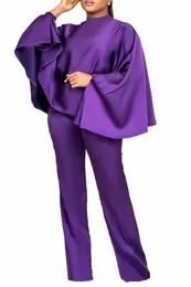 2024 primavera conjunto feminino fiable cor sólida cetim bat mangas soltas topo reto calças de tubo casual deslocamento ol conjunto feminino h3m6 #