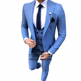 Blue Men Suits Groom Tuxedo Slim Fit Groomsmen Wedding Blazer Prom Bankiet 3 sztuki Terno Masculino Kurtka+spodni+kamizelka B8qi#