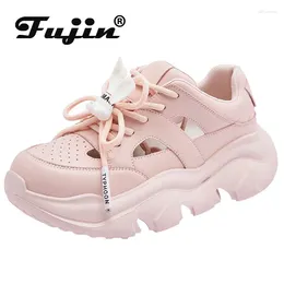 Casual Shoes Fujin 5cm Cow Genuine Leather Platform Wedge Comfy Women Sandals Buckle Slides Summer Chunky Hollow Sneaker Breathable
