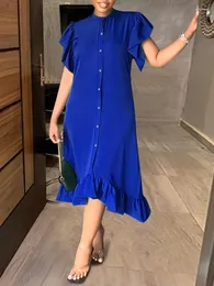 Casual Dresses VONDA 2024 Women Bohemian Summer Dress Short Sleeve Long Shirt Sundress Stand Collar Solid Loose Button Ruffled Vestido