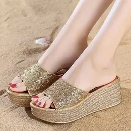 Slippers Lucifer Gold Silver Sequins Wedges for Women 2023 Summer Open Toe Platform Sandals Womens High Heels H240328Y7ZO