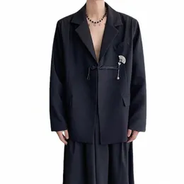 남자 중국 스타일의 금속 accourse 느슨한 캐주얼 빈티지 피 블레이저 슈트 재킷 남자 여자 한국 스트리트웨어 블레이저 코트 Y62L#