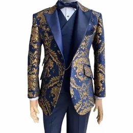 Blumenanzüge für Männer Slim Fit Jacquard Hochzeit Smoking Marineblau und Gold Gentleman Jacke mit Weste Hose 3 Stück 2024 66wz #