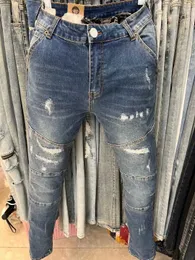 Erkekler Kotları Bölme Çizgi Tasarım Deliği Spijkerbroeken Heren Yırtık Jean Street Giyim Sıkı Elastik Denim Bant Erkek Motosiklet Kot J240328