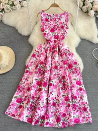 Summer Jacquard Floral Tank Dress Womens Sleeveless Vest O Neck High Waist Flower Print Long Calf Length Beach Party Vestidos 240318