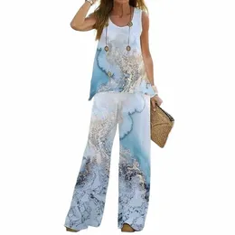 Summer Print Thin Secti Tee 2 Piece Set 2023 Women Crew Neck Tank Top Wide Leg Pants Passar Elegant Sleewel Office Lady Outfits R6wk#