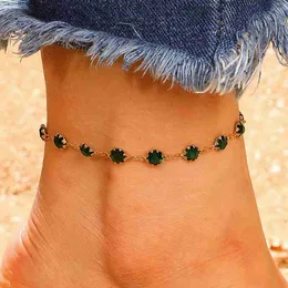 Anklets Docona Bohemian Green Crystal Stone Necklace Womens Fashion 기하학적 금속 싱글 레그 체인 파티 보석 액세서리 433L2403