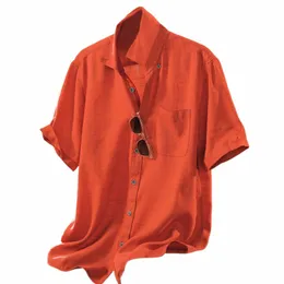 summer Orange Shirt Men Cott Linen Shirts Spring Short Sleeve Casual Slim Shirt Simple Solid Blouse Loose Handsome Tee Shirt N4ud#