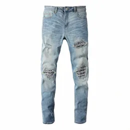 Men Bandanna Paisley Drukuj dżinsy uliczne Otwory Patchwork Zerwane rozciągnięte dżinsowe spodnie Rozrywane spodnie A2pf#