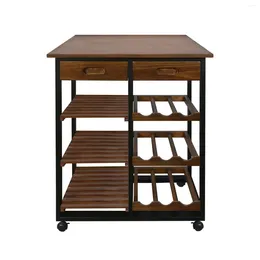 Kitchen Storage Solid Wood 4-Tier Rolling Cart With Wine Rack And Drawer