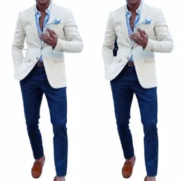 economici Abiti da uomo su misura per smoking da sposo da sposa Abito classico Blazer da uomo 2 pezzi Groomsmen Wear Giacca avorio + bluepant y5dG #