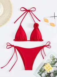 Mulheres Swimwear Sexy 3D Flor Vermelha Halter String Biquinis Define Duas Peças Gravata Cintura Alta Tanga Maiôs Mulheres Biquini Ternos de Banho